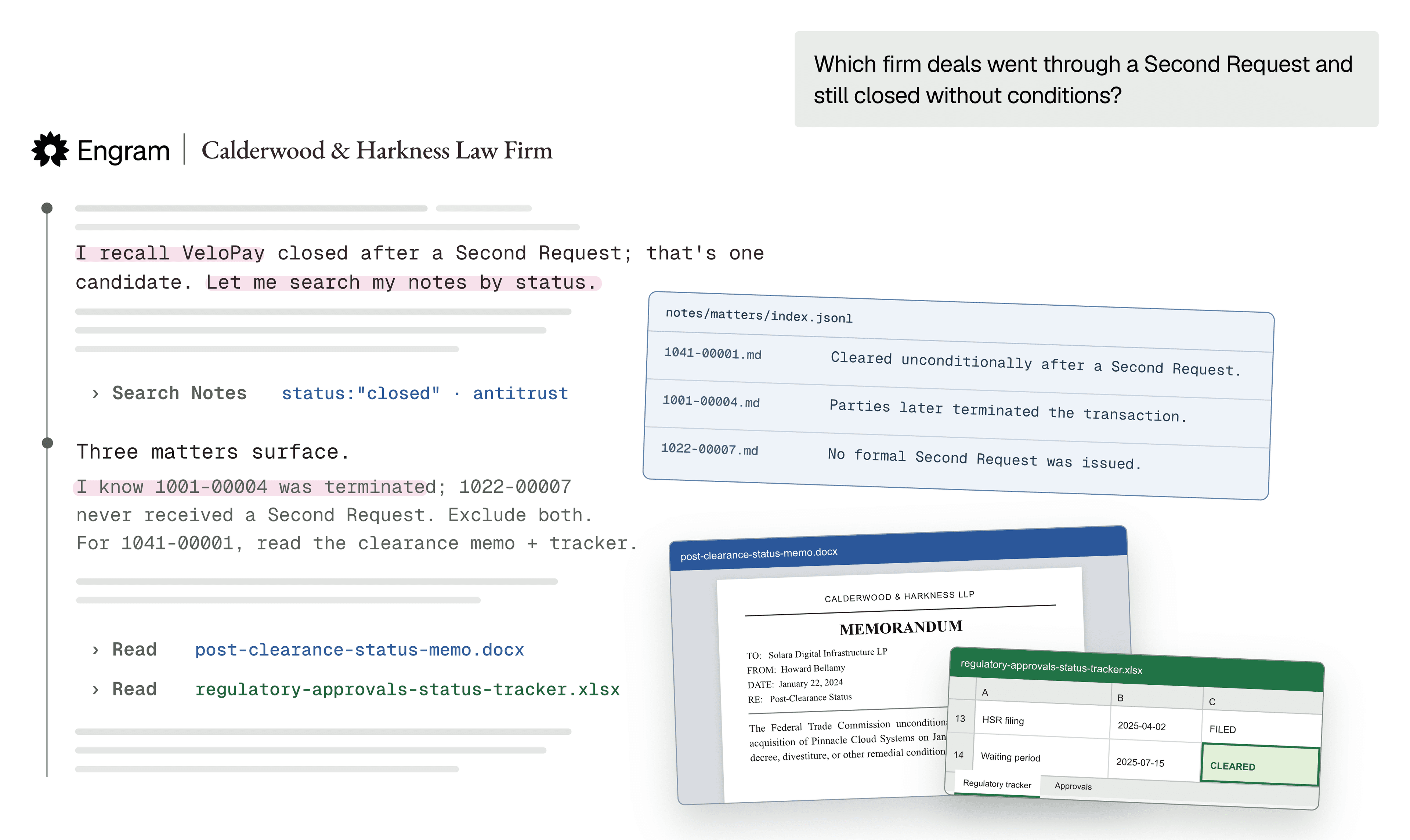 An Engram agent combines recalled firm knowledge, structured notes, and raw legal documents in one trajectory.